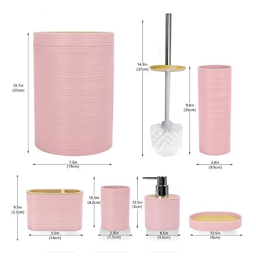CERBIOR Bathroom Accessories Set 6 Piece Bamboo Bath Ensemble Includes Soap Dispenser, Toothbrush Holder, Toothbrush Cup, Soap Dish for Decorative Countertop and Housewarming Gift, Sriral Pink thumbnail 3