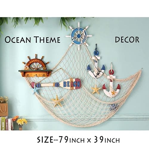 TEMUCY Natural Fish Net Decorative, Beach Themed Fish Net Decorations for Pirate, Mermaid, Beach Party Home Bedroom Décor thumbnail 3