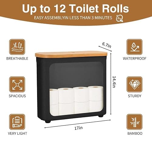 WRRLORS Toilet Paper Storage with Bamboo Lid,Black Foldable Basket | for Bathroom ,Holds 9 Mega/12 Regular Rolls,Waterproof Toilet Paper Holder Storage with Non-Slip Base,Black thumbnail 2