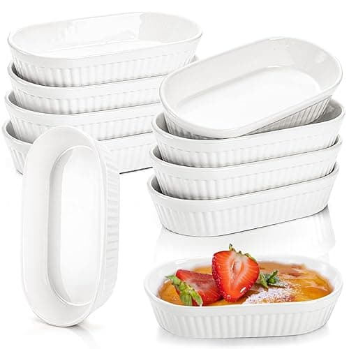 Foraineam 10 Pack White Ramekins, Porcelain Souffle Dishes, Oval Crème Brulée Ramekins for Baking, 6 Ounce Dessert Bowls Set for Soufflé, Pudding, Quiche, Snack, Custard, Dishwasher and Oven Safe - Image 1