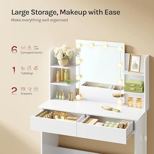 WOLTU Dressing Table, Vanity Desk, with Mirror and 10 Dimmable LED Bulbs, 2 Drawers and 4 Shelves, White Dressing Table, White, 90x40x135cm, MB6096ws thumbnail 4