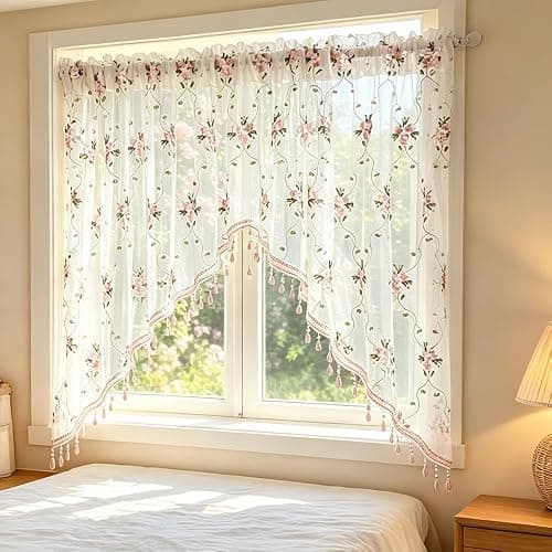 1PC Victorian Style Floral Sheer Swag Curtain Valance for Arched Door | Pink Embroidered Window Treatment with Beaded Trim, Rod Pocket Light Filtering Tier Curtain for Kitchen Princess Bedroom thumbnail 8