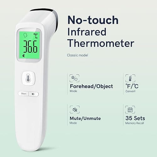 Thermometer for Adults, Accurate Baby Thermometer, Forehead & Object Mode | 1s Results, Mute Mode, 3-color Fever Alarm, 35 Memory Sets, ℃/℉ Switchable, Baby Essentials, Non-Contact, Lifetime Support thumbnail 2