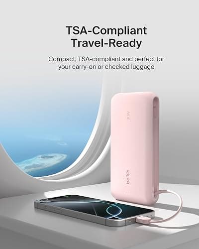 Belkin Portable Charger, Power Bank with Integrated Cable 20000 mAh 30W - Fast Charging USB C Power Delivery - iPhone 17, Air, Pro, Pro Max, iPad, AirPods, Apple Watch, Galaxy S25, & More - Pink thumbnail 8