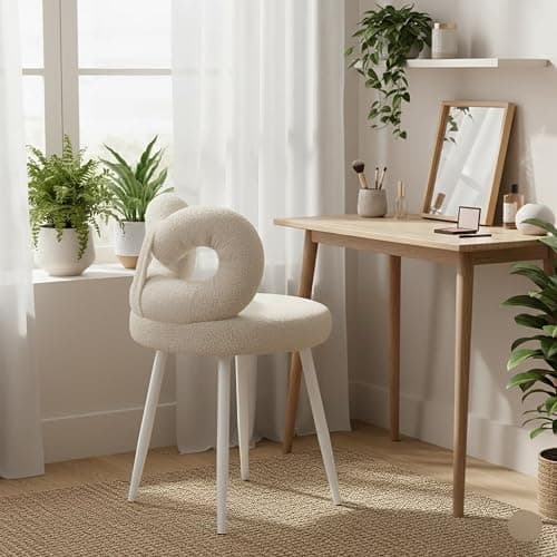 reukmuuc Vanity Stool, Elegant Bow Backrest, Soft Faux Wool Upholstered Seat, Non-Slip Carbon Steel Legs, 330lbs Max Load, Modern Vanity Chair for Bedroom, Living Room, Office (Beige) thumbnail 6