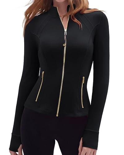SUUKSESS Women Golden Zipper Lightweight Jackets with Thumb Holes & Pockets | Hip Length, Full Zip Up, BBL Slim Fit, Athletic Yoga Tops, Side Pockets, Thumb Holes, Long Sleeve Gym Tops - Image 1