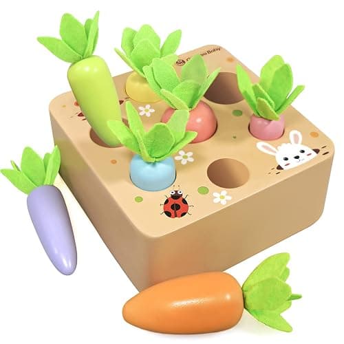 KMTJT Montessori Toys for 1 2 3 Year Old Toddlers, Macron Carrot Harvest Game Wooden Toys for Baby Boys and Girls, Educational Learning Shape Sorting Matching Gifts for Babies 1-3 - Image 1