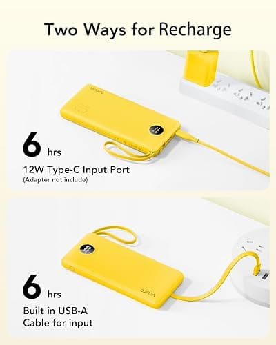 VRURC Portable Charger with Built-in Cables, 10000mAh LED Display USB C Power Bank, Slim Travel Battery Pack with 5 Output 2 Input Compatible with iPhone,Samsung,Android etc-Yellow(1 Pack) thumbnail 6