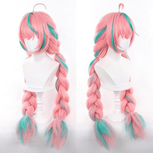 Servelove Game Pink Green Long Wig Braid Hair Characters Costume Wigs For Unisex Game Anime Role Play Halloween Christmas Party thumbnail 7