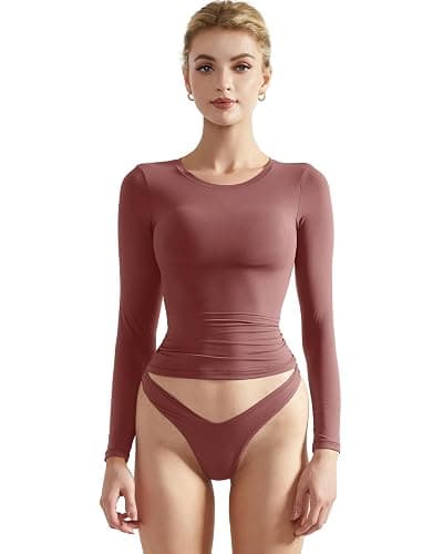 SUUKSESS Women Double Lined Fitted Basic T Shirts Crew Neck Long Sleeve Crop Top - Image 1