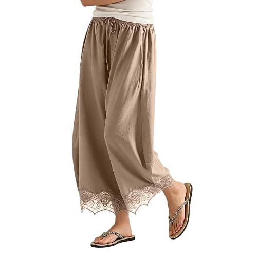 Womens Cropped Lace Trim Pants High Waisted Elastic Drawstring Wide Leg Trousers Casual Flowy Boho Pant with Pockets - Image 1