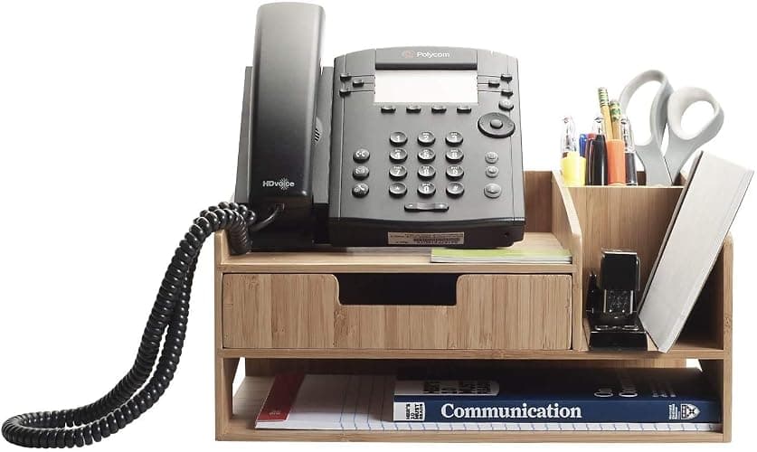 MobileVision Bamboo Telephone Stand With Drawer Paper Tray & Pencil Holder Storage Solution for office products pens scissors staplers notepads business cards & more - Bamboo Stand + Drawer + Tray - Image 1