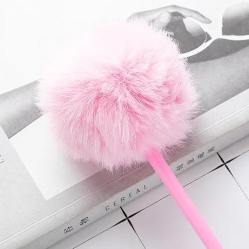 Needle Gel Ink Pens 5 PCS Pink Pom Pom Pen Fluffy Pompoms Plastic Rollerball Pen Signature Ball Point Pens Cartoon Ball Pen for Kids Children Students Women thumbnail 2