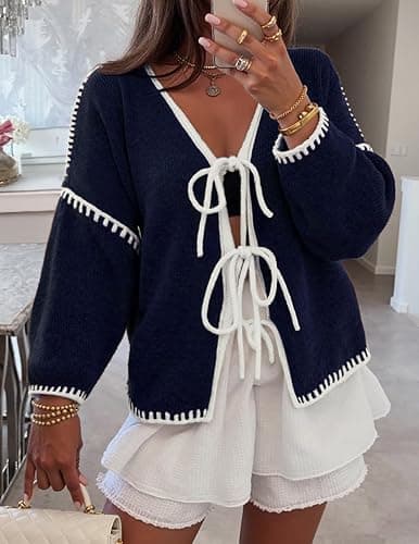 ZESICA Crdigans for Women Trendy 2025 Tie Front Bow Sweaters Casual Long Sleeve Winter Clothing Coats thumbnail 4