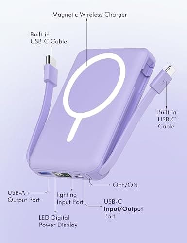 podoru for Magsafe Battery Pack, 10000mAh Magnetic Power Bank Built-in Double USB C Cables 20W PD Fast Charging LED Display Wireless Portable Charger for iPhone 17/16/15/14/13/12 Series-Purple thumbnail 3