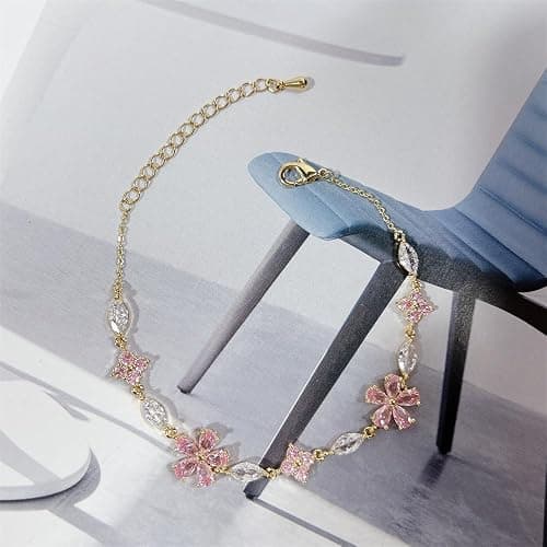 Pink Crystal Cherry Blossom Flower Chain Link Bracelet For Women Gold Silver Plated Fashion Cute Delicate CZ Petal Floral Sakura Bangle Bracelets Adjustable Sweet Dainty Fine Jewelry Gifts For Her thumbnail 4