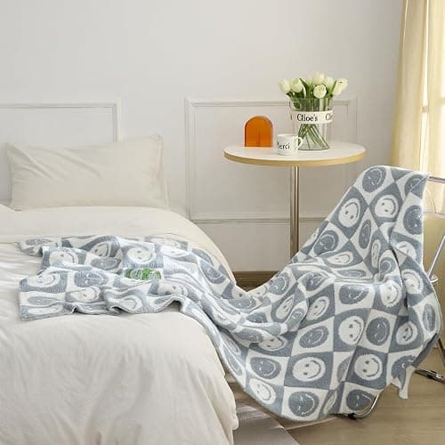 Throw Blankets with Smiley Faces Checkered Reversible Soft Cozy Warm Baby Blanket for Bed Sofa Travel (Grid Smile,Slate Gray,51"x63") thumbnail 2