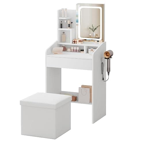 LIVELYGLOW 24" White Small Vanity Set with Lighted Mirror & Storage Stool | Smart LED Mirror, Charging Station, Hairdryer Rack, Space-Saving thumbnail 8