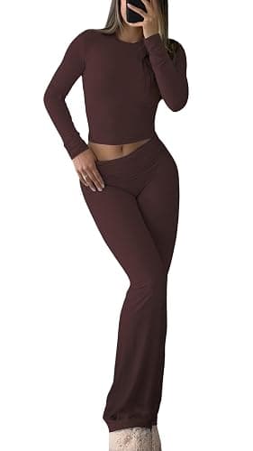 YETOWA Women's 2 Piece Casual Pajama Set-Slim Fit Long Sleeve Top Low Rise Bell Bottoms-Versatile Yoga Loungewear - Image 1