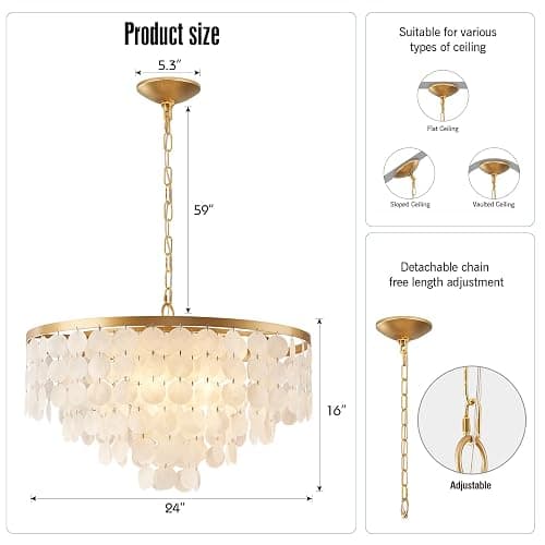 HLMRCHEN 24" Capiz Shell Chandelier, 5 Light Gold Dining Room Light Fixture Modern Coastal Chandeliers for Bedroom Bathroom Kitchen and Foyer(White Seashell Lighting Fixtures) thumbnail 2
