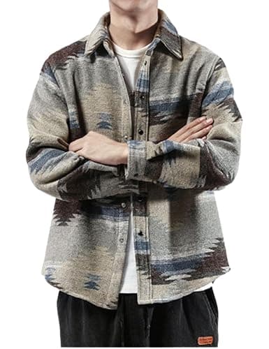FindThy Men’s Brushed Flannel Shirts Ethnic Aztec Print Button Up Lapel Tribal Shirt Jacket Shacket thumbnail 2