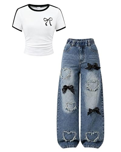 Azmxynol Tween Girl Clothes Short Sleeve Top + Butterfly Design Jeans 2 Pieces Spring Summer Outfit Set, Size 6-14 Years - Image 1