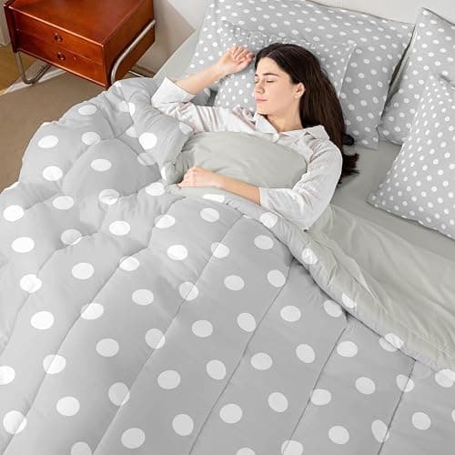 Manfei Polka Dot 7pcs Comforter Set Full Size,Cute Simple Geometric Dots Bedding Set for All Season,Grey White Cartoon Bed in A Bag with Comforter,Sheets and Pillowcases,Kids Boys Girls Room Decor thumbnail 2