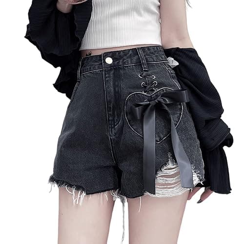 RILGOU Women Y2K Harajuku Style Kawaii Pastel Goth Fashion Casual A-Line Vintage Ribbon Ripped Trim Jeans Shorts - Image 1