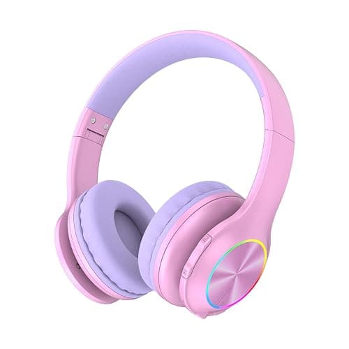 2024 Bluetooth Kids Headphones Fit for Aged 3-21, Colorful LED Lights Comfort Wireless Headphones with Microphone 94dB Volume Limited for School/iPad/PC/TV/Cellphones, Wired & TF Card Mode, Pink - Pink - Image 1