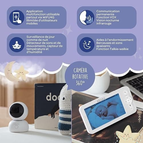 Béaba, Babyphone, Ecoute Bébé Vidéo 2 en 1, Ecran/Application mobile dédiée, Caméra HD, Rotation à 360°, Vision Nocturne, Talkie Walkie, Berceuses, Contrôle température et humidité, Zen Premium Blanc thumbnail 4