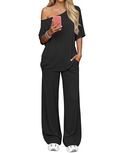 JoyMotion Women’s 2 Piece Lounge Sets Off Shoulder Oversized Matching Outfit Short Sleeve Tops Casual Wide Leg Pant Set - Image 1