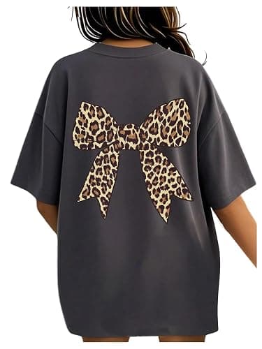 RoseSeek Girl's Bow Leopard Graphic Tees Short Sleeve Preppy Summer T Shirt Aesthetic Baggy Tops - Image 1