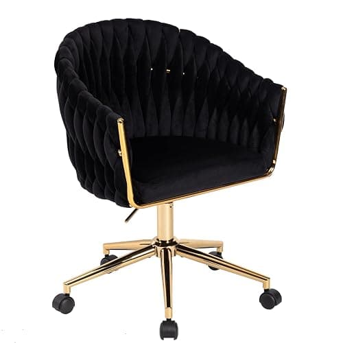 Comermax Velvet Office Chair with Hand Woven, Black Vanity Chairs with Golden Wheels, 360° Swivel Home Office Desk Chair Computer Chairs, Accent Chair Makeup Chair for Bedroom, Living Room(Black) - Image 1