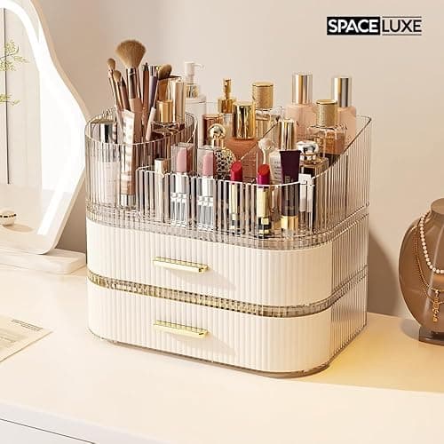 SpaceLuxe Makeup Organizer with Drawers and 360° Rotating Brush Holder, Large Capacity Cosmetic Storage for Vanity, Skincare, Perfume, Hair Accessories, Lipstick & Jewelry (Cream White, 3-layer) thumbnail 8