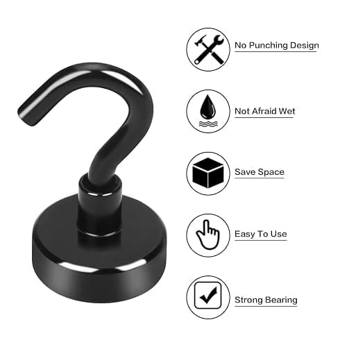 E BAVITE Black Magnetic Hooks, 30LB Strong Neodymium Magnet Hook for Cruise, Grill, Towel, Indoor Hanging, Kitchen, Workplace, Office and Garage - 6 Pack thumbnail 4