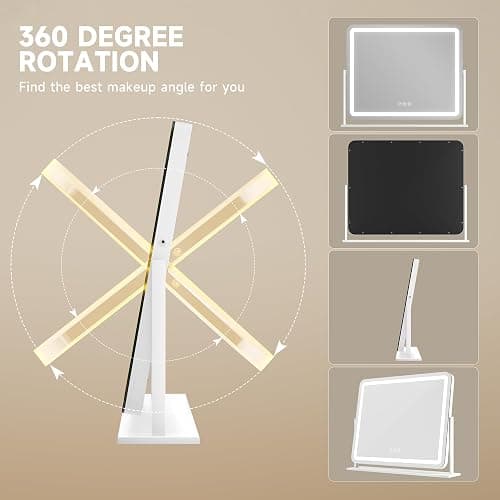 Hasipu Vanity Mirror with Lights, 22" x 18" LED Makeup Mirror, Light up Mirror with Smart Touch 3 Colors Dimmable, Brightness Adjustment, 360° Rotation (White) thumbnail 5