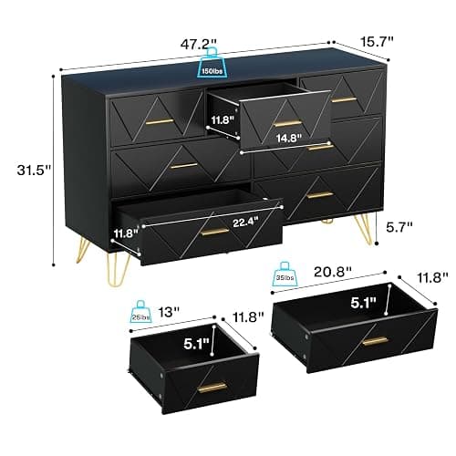 JOZZBY Dresser for Bedroom, 7 Drawer Black Wooden Dresser with Gold Handles, Modern Storage Dressers & Chests of Drawers for Hallway, Entryway thumbnail 2