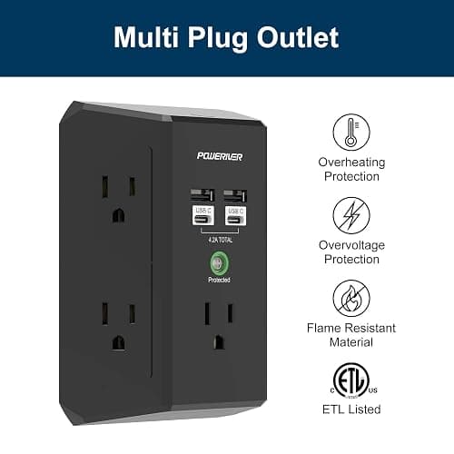 Multi Outlet Extender Surge Protector - POWERIVER Multi Plug Wall Outlet with 5 AC Outlets and 4 USB Ports(2USB C), 1680 Joules, Outlet Splitter for Home School Office, ETL, Black thumbnail 3
