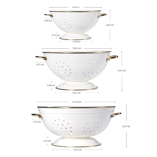 Metal Colander Set of 3, Strainer Basket with Handles perfect for Spaghetti, Pasta, Berry, Vegetable, Fruit, Solid Base Powder Coated Kitchen Essential Strainer Set, 1 & 3.5 & 5 Qt (Cream) thumbnail 3
