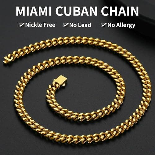 ChainsHouse Stainless Steel Mens Cuban Link Chain, Black/18K Gold Miami Cuban Chain Necklace, 5mm/7mm/9mm/12mm/14mm Width, No Tarnish& Durable Hip Hop Mens Jewelry, 18"-30", Send Gift Box thumbnail 2