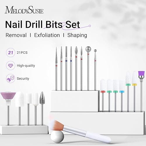 MelodySusie 21pcs Nail Drill Bit Set with Portable Holder Case, 3/32'' Ceramic Diamond Carbide Acrylic Gel Nail Art Tool Kit, Cuticle Remover Bit for Acrylic Dip Powder, Manicure Pedicure, Salon Home thumbnail 2
