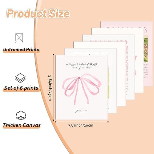 Wonninek Pink Christian Wall Art Decor Posters, Pink Bow Bathroom Bedroom Dorm Wall Art Decor Aesthetic for College Teen Girls Gifts, Inspirational Bible Verses Bow Wall Decor, 8x10 Inch Set of 6 Pcs Unframed thumbnail 2