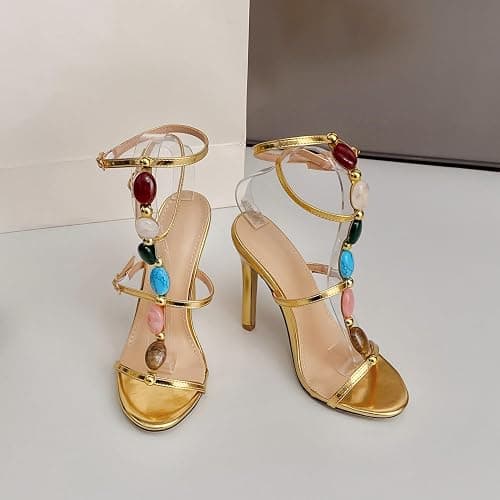 Kluolandi Jewelled Strappy Gold Heels for Women Open Toe Ankle Strap Gladiator Stiletto Heeled Sandals for Party Wedding thumbnail 3