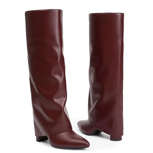 Modatope Knee High Boots Women Fold Over Knee High Boots Chunky High Heels Long Boots Zipper Pointed Toe Dress Tall Boots for Women thumbnail 6