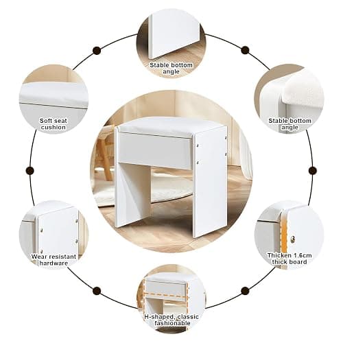 tojump Vanity Stool Chair 16 Inch, Cushioned Vanity Stools, Dressing Table Stool, Dressing Table Seat, Easy Assembly Makeup Chair, Footstool for Makeup Room, Living Room, Bedroom, Entryway, White thumbnail 4