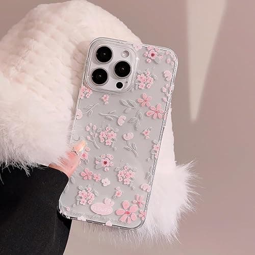 Reownest Compatible for iPhone 15 Case for Clear Pink Flower Cute Aesthetic Design Floral Women Teen Girls Silicone Slim Cover Protection Phone Cases-Clear thumbnail 2