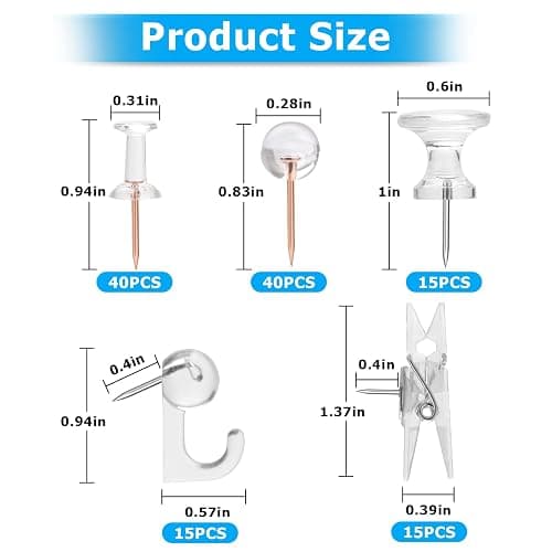 Clear Push Pins Set, 5 Styles 125-count Thumb Tacks Map Pins, Steel Point and Clear Plastic Head Pushpins Transparent Thumbtacks for Cork Board Bulletin Boards thumbnail 3