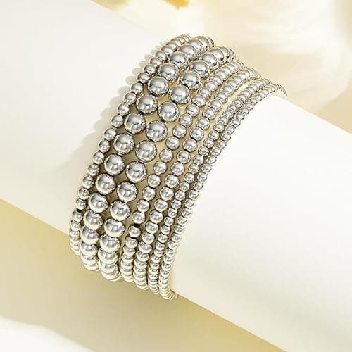 Kysin Chiys Gold Beaded Bracelets Adjusatable 14K Gold Plated Stackable Bracelets Stretch Bead Ball Bracelet Set for Women 3MM 4MM 6MM 8MM Beads Jewelry thumbnail 3