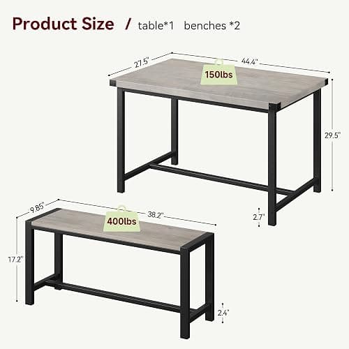 GAOMON Dining Table Set for 4, Wooden Kitchen Table with 2 Benches, 3 Piece Rectangular Dining Room Set, Space Saving Kitchen Tables Sets for Apartment, Small Space, Home, Rustic Gray thumbnail 2