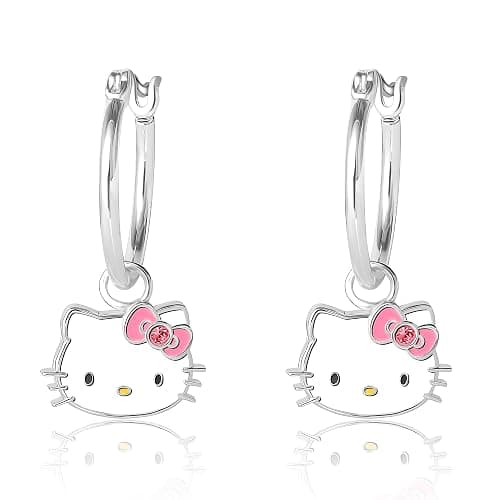 Hello Kitty Womens Hoop Earrings - Sterling Silver and Enamel Hello Kitty | Earrings Official License - Image 1
